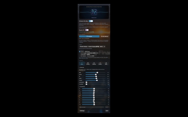AuralFold Audio Master ten-band equalizer on macOS