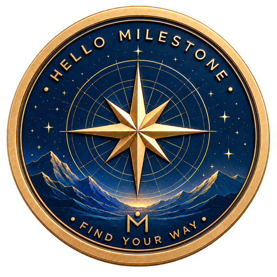 The Hello Milestone Coin, with a champagne-gold compass star above a mountain horizon on deep navy
